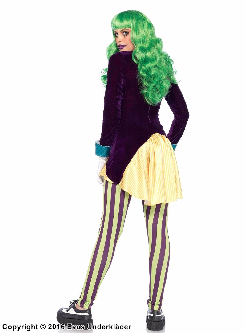Kvinnelig Joker fra Batman, kostyme-topp og -leggings, bånd, volangkant, fløyel, loddrette striper